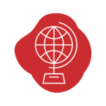 red graphic of a globe