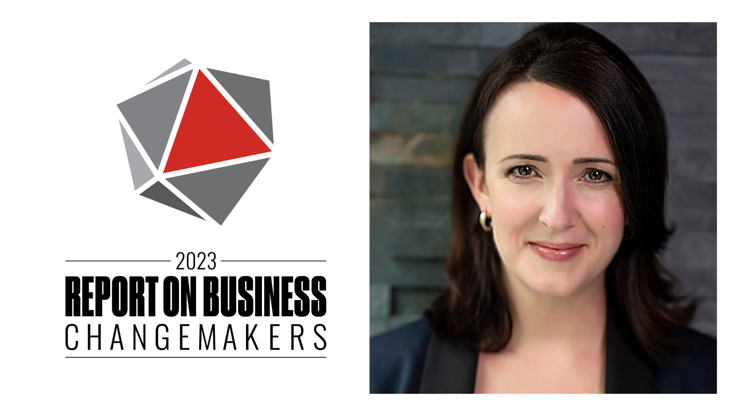 A smiling woman with dark hair next to the logo for the Report on Business Changemakers 2023.