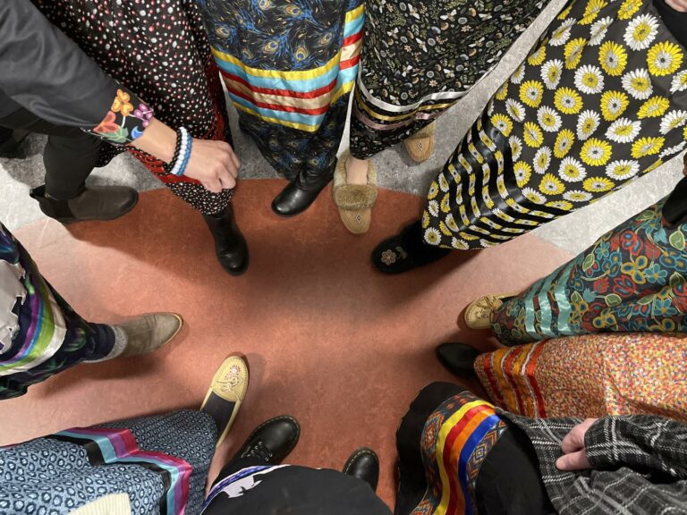 Staff of Mi'kmaw Kina'matnewey (wearing ribbon skirts on National Ribbon Skirt Day)