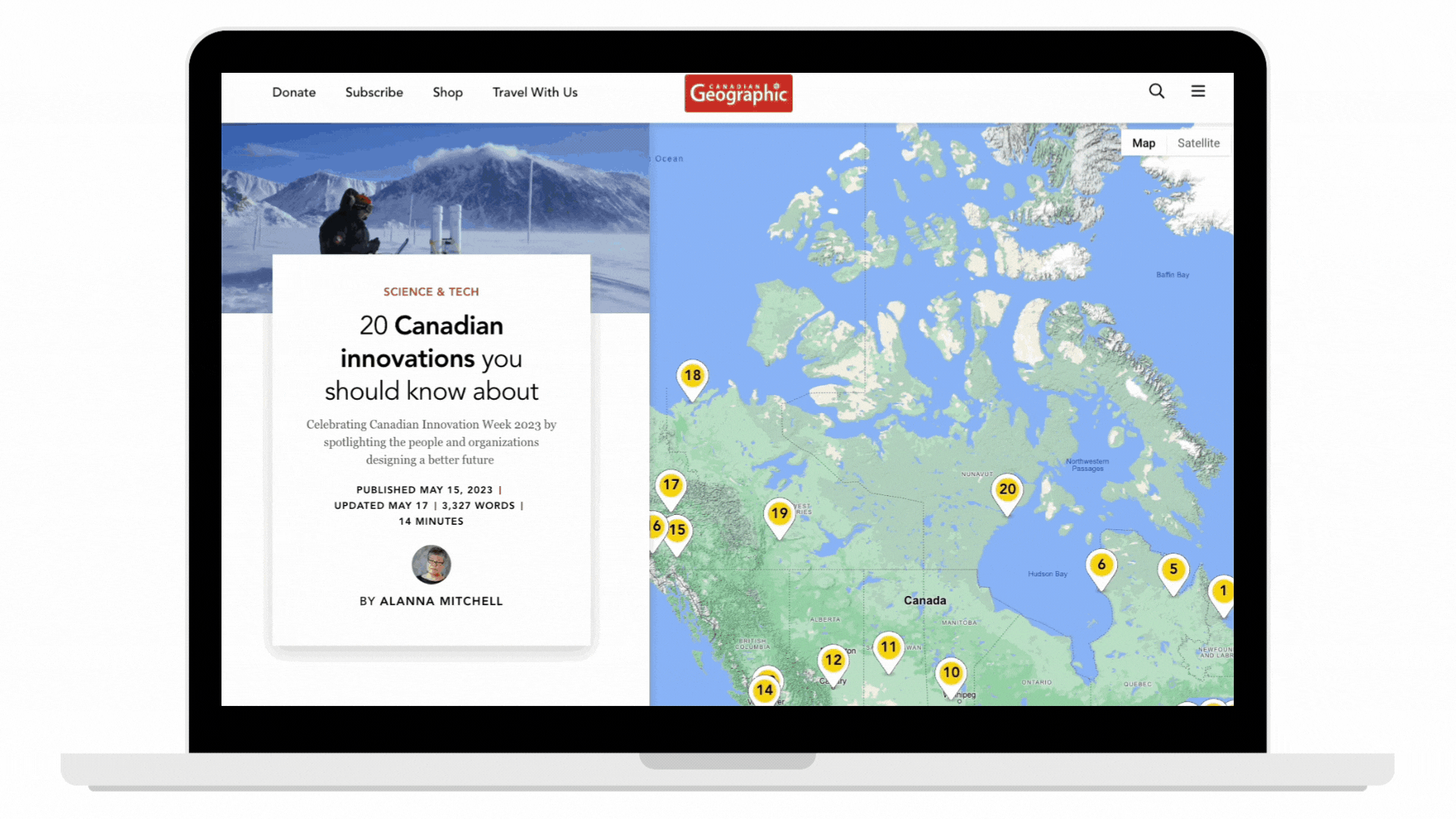 Aperçu d'une carte du Canada interactive affichant les zones d'innovation d'un océan à l'autre