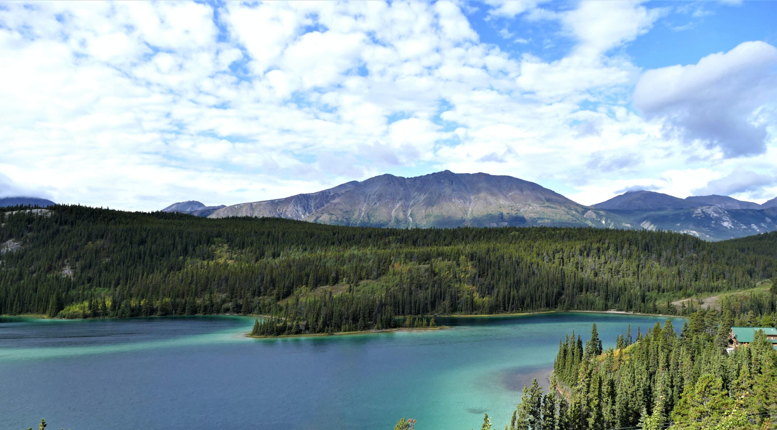 Emerald Lake, surrounded by forests with mountains in the background.