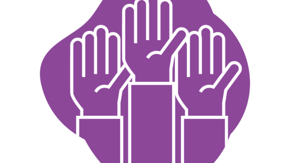 purple graphic of raised hands
