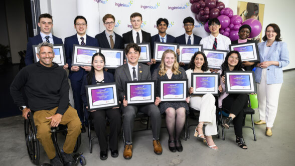 Ingenious+ National Winners and Finalists posing with their certificates alongside Christian Bagg and Teresa Marques